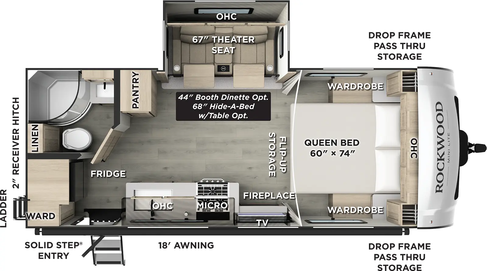 The Rockwood Mini Lite 2205S floorplan has one entry and one slide out. Exterior features include: fiberglass exterior and 18' awning. Interiors features include: front bedroom.
